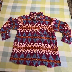 Vintage Wrangler Aztec Pattern Button-Up Shacket in Burgundy, Blue & Pink- XL
